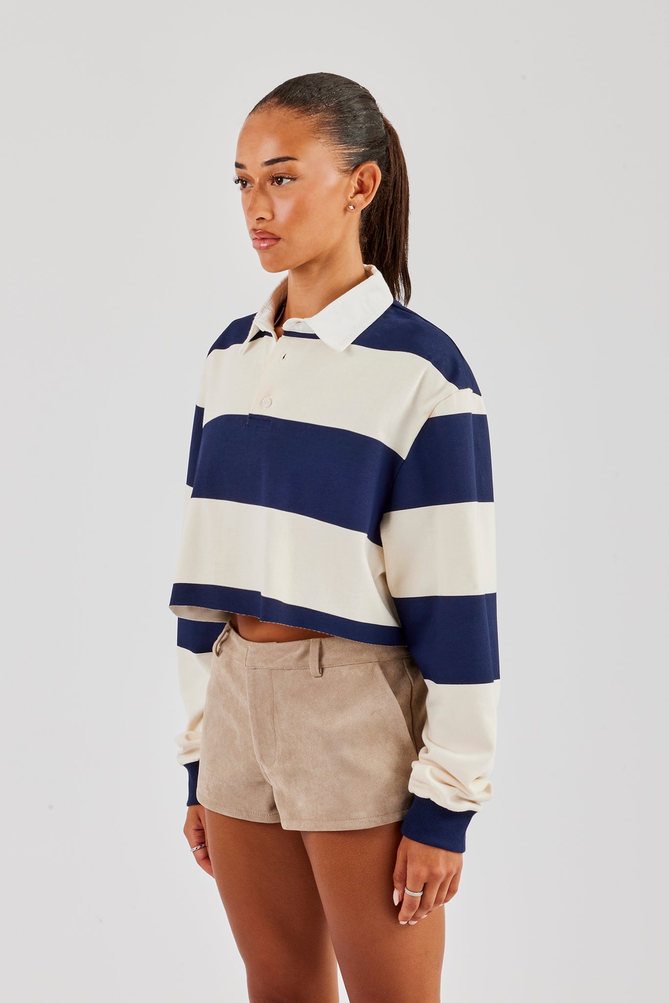 Women's Cropped Striped Rugby Polo Top - Navy